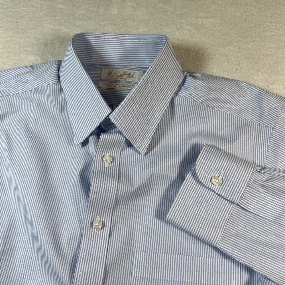Roundtree & Yorke Gold Label Slim Fit Non-Iron Shirt Blue White Stripe 15.5 35